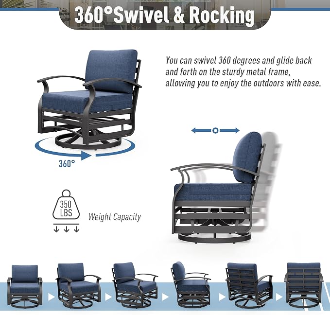 Kurapika Aluminum Patio Furniture Set 10-Seat Modern Metal Outdoor Conversation Sets w/Swivel Rocking Chairs Patio Sectional Sofa w/5.1 Inch Cushion with Rectangular Coffee Table, Navy Blue