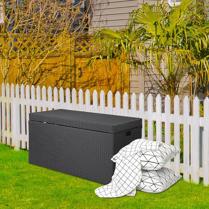 Outdoor Wicker Patio Deck Storage Box, 132-Gal Rattan Pool Storage Box with Lid, Garden Deck Bin Storage Bench Deck Box for Storing Tools, Accessories and Toys (132 Gallon, Black)