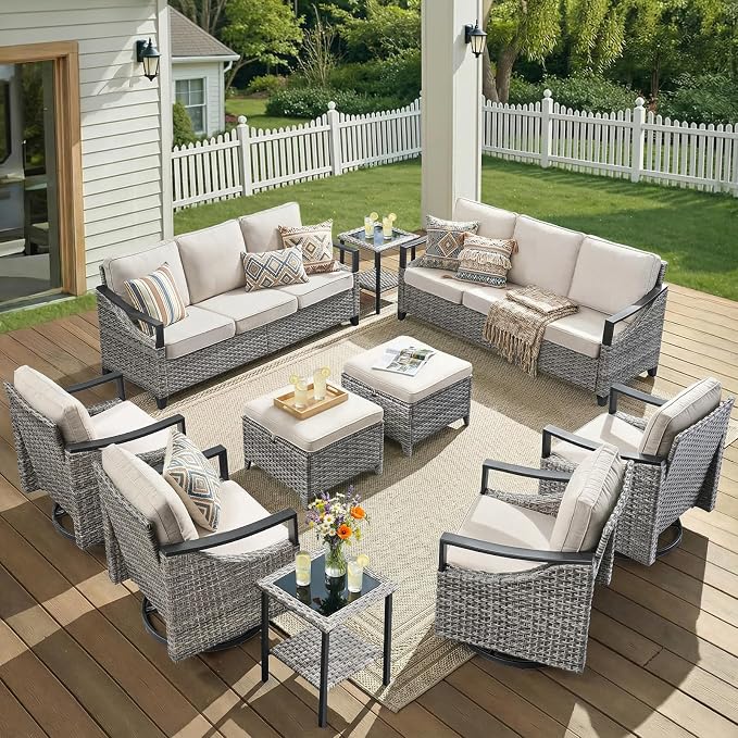 10 Piece Wicker Patio Furniture Sets-High Back Wicker Swivel Rocker Patio Chairs Set of 4 with Thick Cushions Ottomans, Outdoor Sofa, Patio Conversation Sets for Porch Balcony Patio Deck Grey/Beige