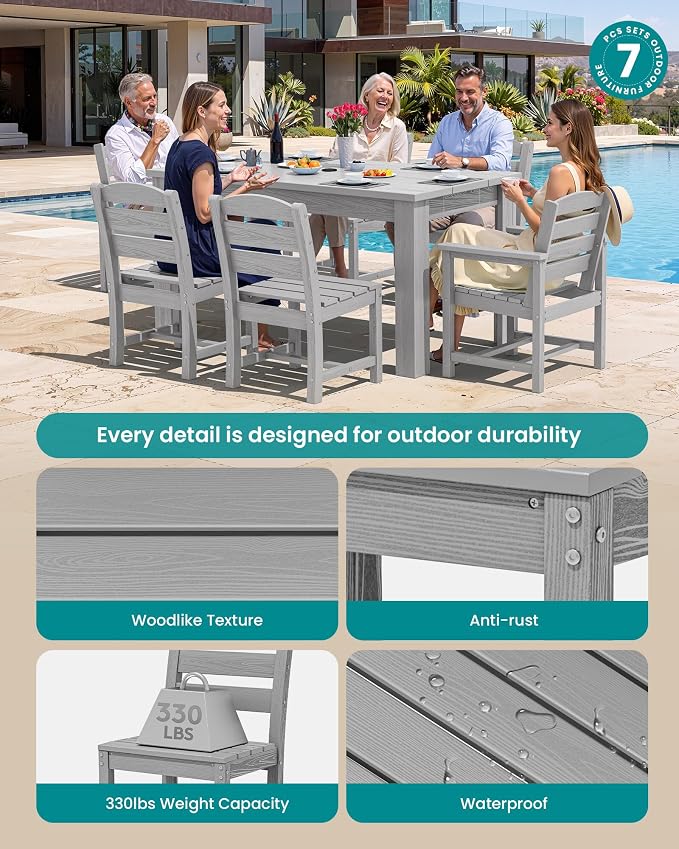 SERWALL 59" Outdoor Dining Set for 6, Light Gray | Include 1 Rectangular Dining Table and 6 Armless Chairs, All Weather Dining Sets for Garden, Backyard