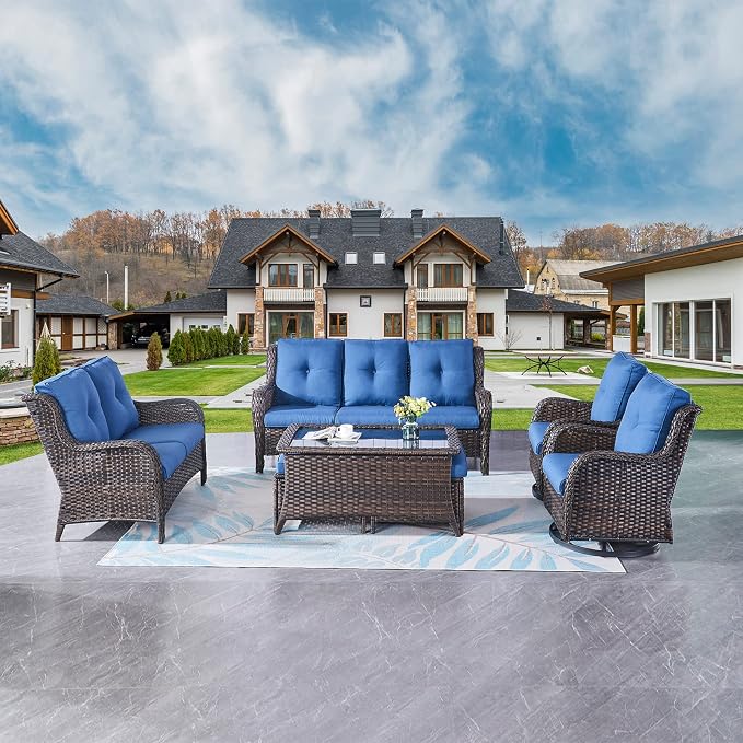Rilyson Wicker Patio Furniture Set - 7 Piece Rattan Outdoor Sectional Conversation Sets with 2 Rocking Swivel Chairs,2 Ottomans,1 Sofa,1 Loveseat and 1 Coffee Table for Porch Deck(Brown/Blue)