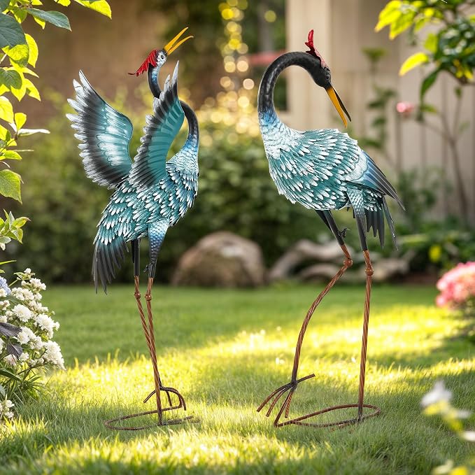 36.8" Metal Crane Statue, Blue Heron Decor Handcrafted | Garden Bird Animal Yard Art with Stable U-Ground Stakes, Lawn Ornament Decor