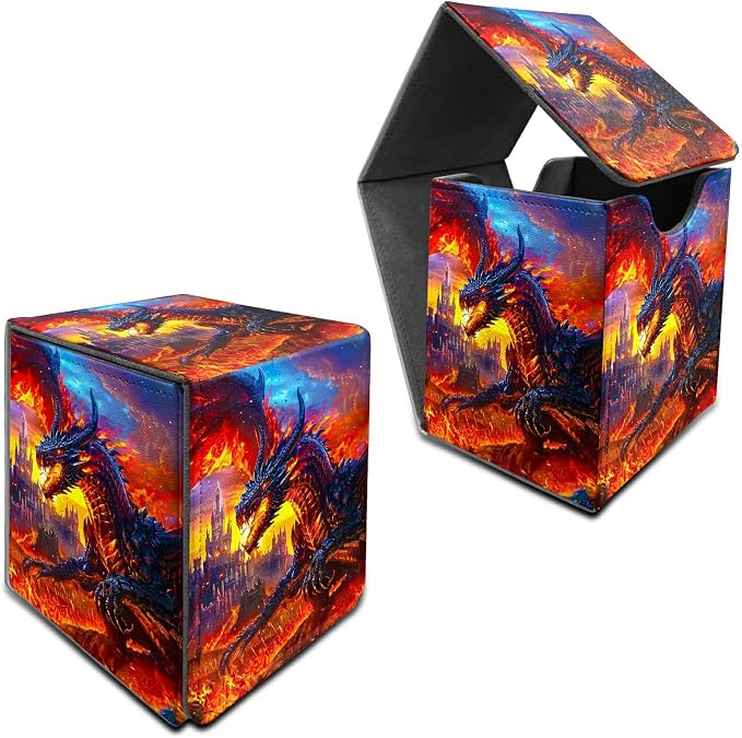 Deck Box for MTG, Cards Storage Box Fits 120+ Sleeved, Leather Medium Size Strong Magnetic Closing Card Case for Board Games Magic TCG CCG Baseball Collection, Castle Flaming Dragon