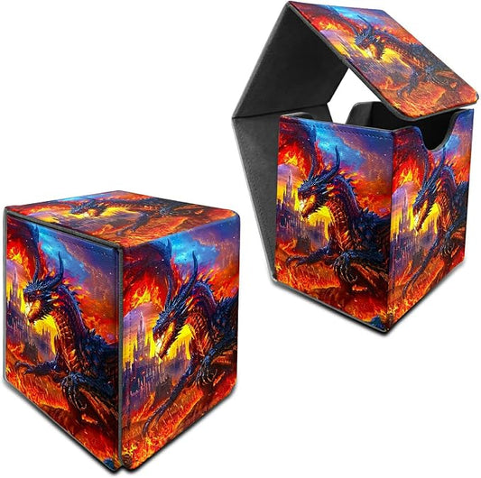 Deck Box for MTG, Cards Storage Box Fits 120+ Sleeved, Leather Medium Size Strong Magnetic Closing Card Case for Board Games Magic TCG CCG Baseball Collection, Castle Flaming Dragon