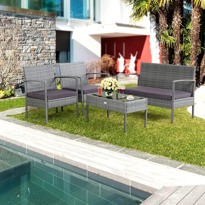 Tangkula 4 Piece Patio Furniture Set, Patiojoy Outdoor Wicker Conversation with Soft Cushion, Glass Tabletop, Solid Steel Frame, Sectional Sofa for Backyard, Poolside, Balcony