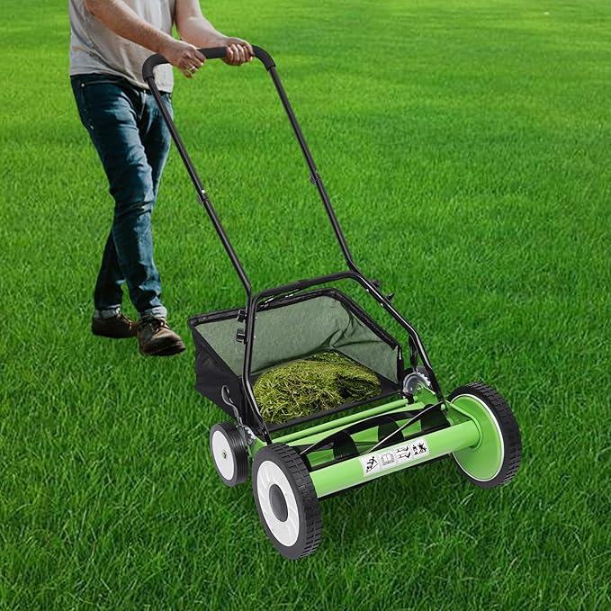 16-Inch 5-Blade Cordless Manual Reel Lawn Mower, Adjustable Cutting/Handle Height Grass Cutter with Grass Catcher, Green