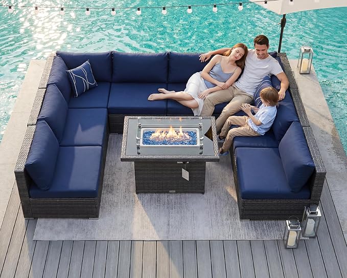BULEXYARD 9 Pieces Highback Wicker Patio Furniture Set with Firepit, High Weight Capacity Outdoor Sectional Couch Sofa 8-Seater Modular, Plus Comfortable Wide Deep Deck Seating Group, Grey & Navy Blue