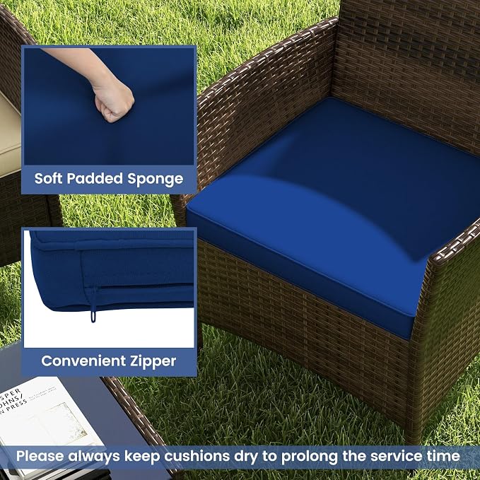 RELAX4LIFE 8-Piece Patio Furniture Set - Rattan Outdoor Conversation Bistro Set w/Cushions, Glass Coffee Table, Wicker Chairs & Loveseat for Garden Backyard Porch, Balcony Furniture Set (2, Navy)
