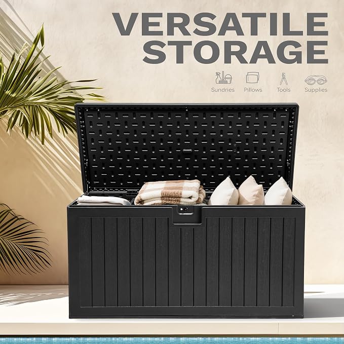 DWVO 180 Gallon Resin Outdoor Storage Box, XXL Double-Wall Waterproof Deck Box, Doubles as Table or Seating with 1000 lbs Capacity, Lockable (Black)