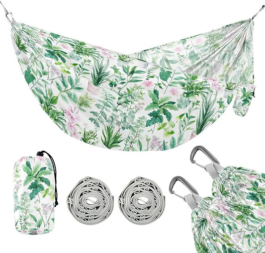 Camping Hammock Outdoor Hammocks for Outside Green Plants Watercolor Beach Trees Portable Lightweight with Pockets Tree Straps Indoor