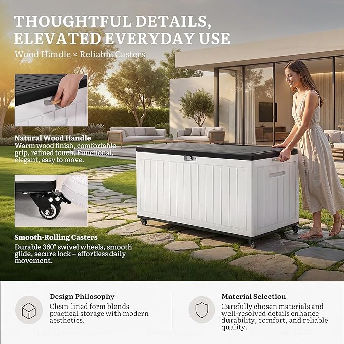 YITAHOME 90 Gallon Outdoor Storage Box with 6 Swivel Wheels & Dual Wooden Handles, Large Double-Wall Resin Deck Box, Lockable Waterproof Patio Organizer for Furniture, Cushions, White & Black