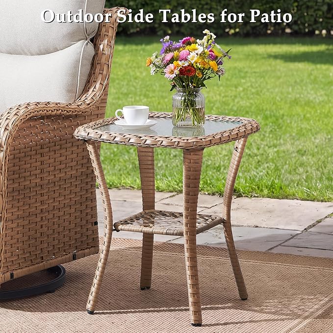 Luxury Outdoor Swivel Rocker Patio Chairs Set of 3, High Back Swivel Patio Chairs with Side Table & 6-Inch Thick Cushions, Wicker Outdoor Bistro Set for Porch, Yard, Deck, Poolside, Yellow/Beige