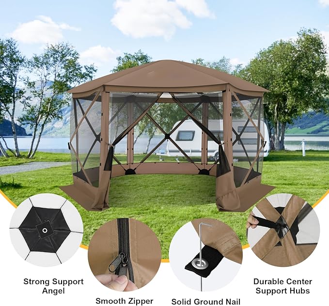 COBIZI 12x12 FT Pop Up Canopy Stargazing Tent, Gazebos On Clearance with Removable Roof, Screened in Gazebo, Screen Tents Portable carpas para Patio for Outdoor Camping,Backyard, Garden, Brown(Pro)