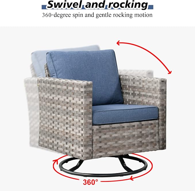 HOOOWOOO 9 Piece Modular Patio Outdoor Sectional Furniture Set with Swivel Rocking Chairs,Wicker Conversation Sofa Set,Outside Couch Set with Wide Arm(Denim Blue)
