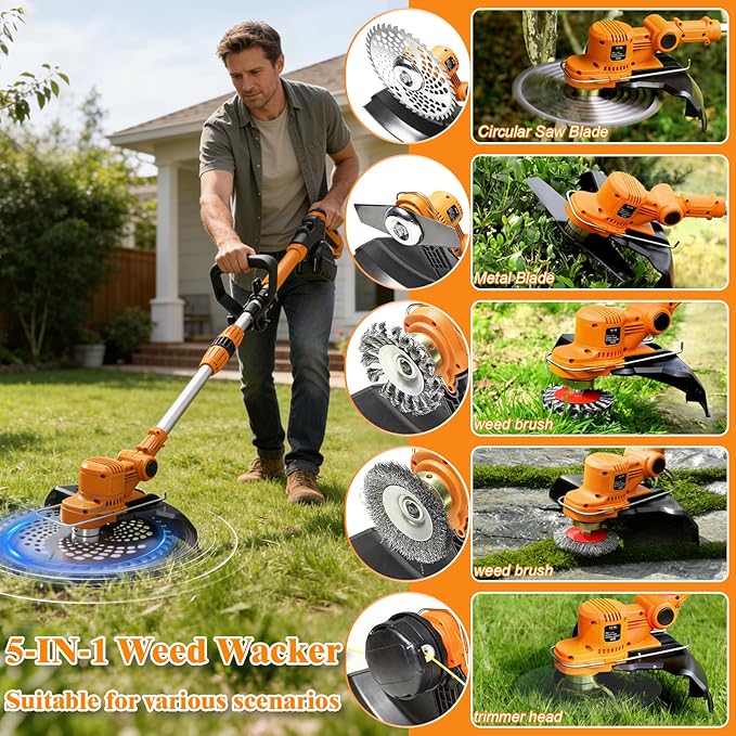 Electric Weed Wacker, Cordless Weed Eater Battery Powered, 5-in-1 String Trimmer Weedeater, 750W Brushless Motor, 2 x 4.0Ah Batteries & Charger, Grass Trimmer/Brush Cutter for Garden Lawn(Orange)