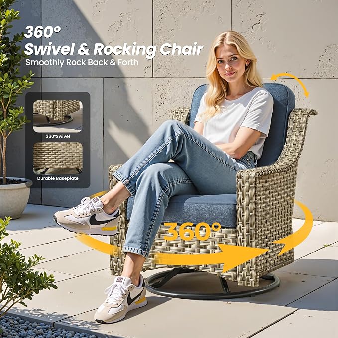 Outdoor Patio Furniture Sets, 8 PCS Patio Conversation Set Outside Rattan Sectional Sofa with Wicker Rocking Chairs Coffee Table Soft Cushion Fit Backyard Porch Garden Poolside Balcony