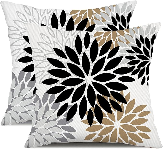 DFXSZ Outdoor Waterproof Pillow Covers 24x24 Set of 2 Black Brown Flower | Spring Summer Waterproof Flower Throw Pillowcases（No Inserts）Outdoor Decor for Patio Funiture Garden Polyester Covers