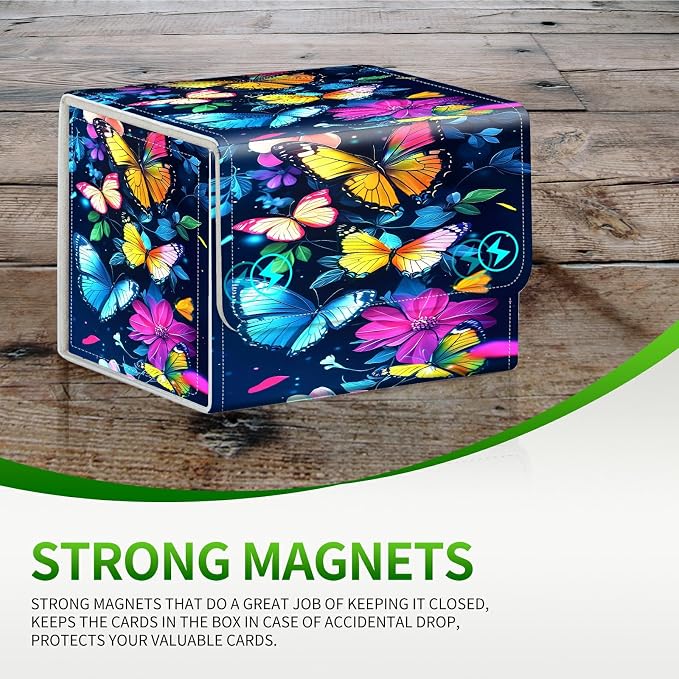 Card Deck Box for MTG, Cards Storage Box Fits 120+ Sleeved, Leather Small Size Strong Magnetic Closing Card Case for Board Games Magic TCG CCG Baseball Collection, Colorful Butterfly