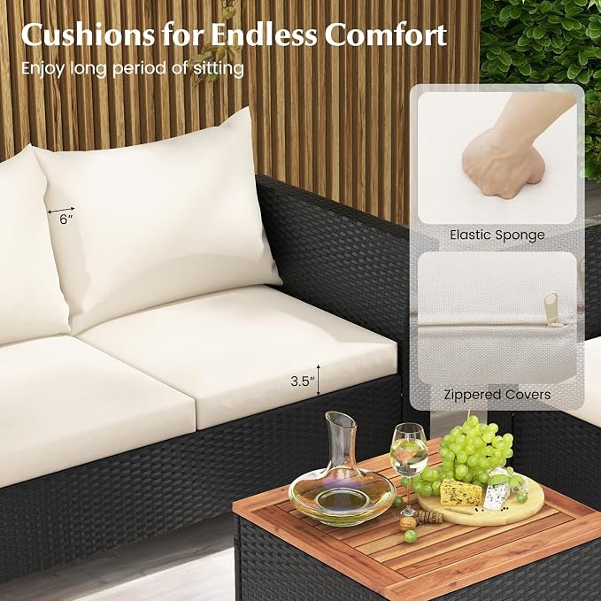 Tangkula 4 Piece Outdoor Conversation Set, Patio Cushioned Chairs w/Storage Coffee Table, Acacia Wood Tabletop & Chair Legs, Patio Wicker Furniture Set for Poolside, Lawn, Porch (1, Off White)