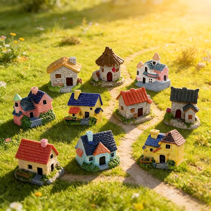 HYSTYLE Miniature Fairy Garden Stone House, 12 Pcs Mini Resin House, Mini Fairy Cottage House Village House Fairy Garden Kits Figurines for DIY Outdoor Decorations Garden,Patio Outdoor Décor