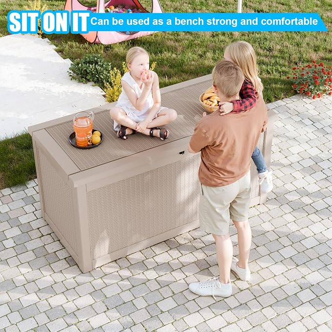 320 Gallon Outdoor Deck Box, Resin Waterproof Storage Box With Lockable Lid, UV-Resistant Multi-Purpose Outdoor Storage Bench for Patio Cushions, Garden Tools, Pool Accessories (Grey)