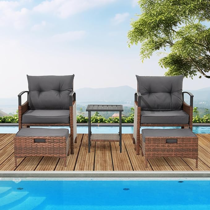 ECOTOUGE 5 Pieces Patio Furniture Set, Outdoor Wicker Chairs with Pull Out Ottoman & Metal Coffee Table, Rattan Conversation Set for Garden, Deck, Balcony, Poolside(Dark Grey)