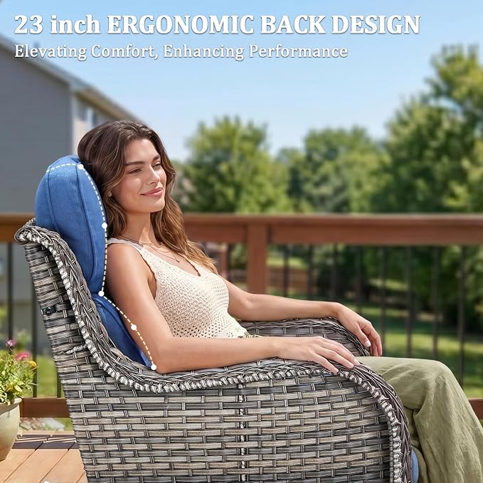 Luxury Swivel Rocker Chair Sofa Set with 6" Thick Cushions,7-Piece Wicker Patio Chair with Coffee Table and Ottoman,Outdoor Comfortable High Back Chair Patio Furniture Set - Gery | Blue