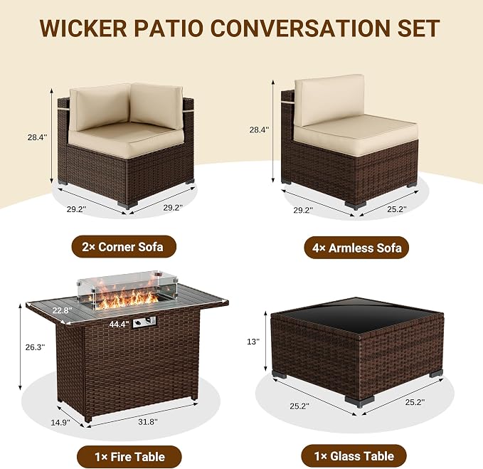 Patio Furniture Set with 44'' Propane Gas Firepit Table, 8 PCS Modular Outdoor Sectional Conversation Sets, All-Weather Wicker Patio Set for Backyard, Beige (Waterproof Covers Included)