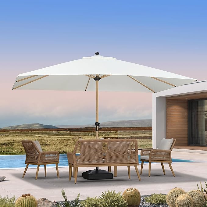 PURPLE LEAF 9' x 12' Patio Umbrella Outdoor Table Umbrella Rectangular Aluminum Market Umbrella with 8 Sturdy Ribs & Crank Outdoor Umbrellas for Garden Deck Patio, Cream