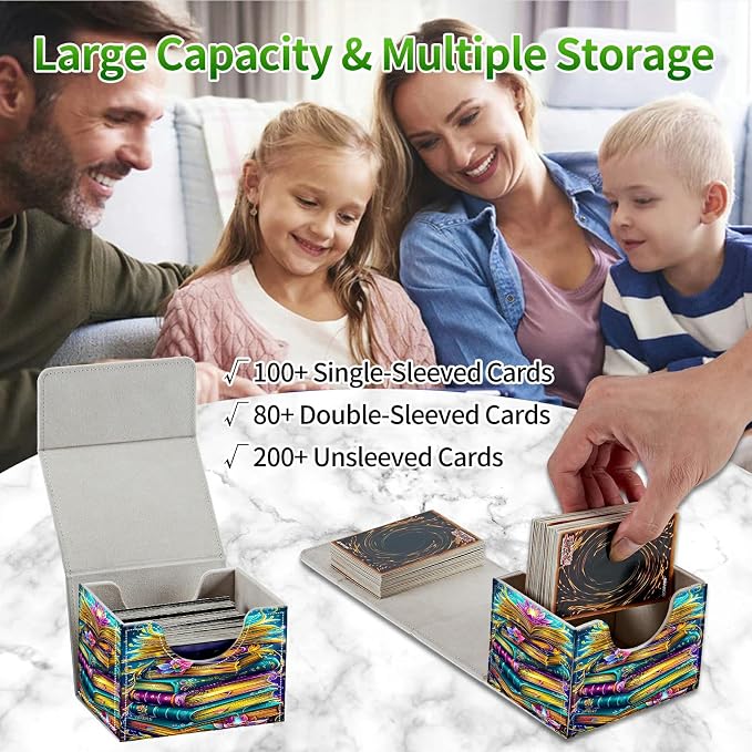 Card Deck Box for MTG, Cards Storage Box Fits 120+ Sleeved, Leather Small Size Strong Magnetic Closing Card Case for Board Games Magic TCG CCG Baseball Collection, Book Lotus Flower