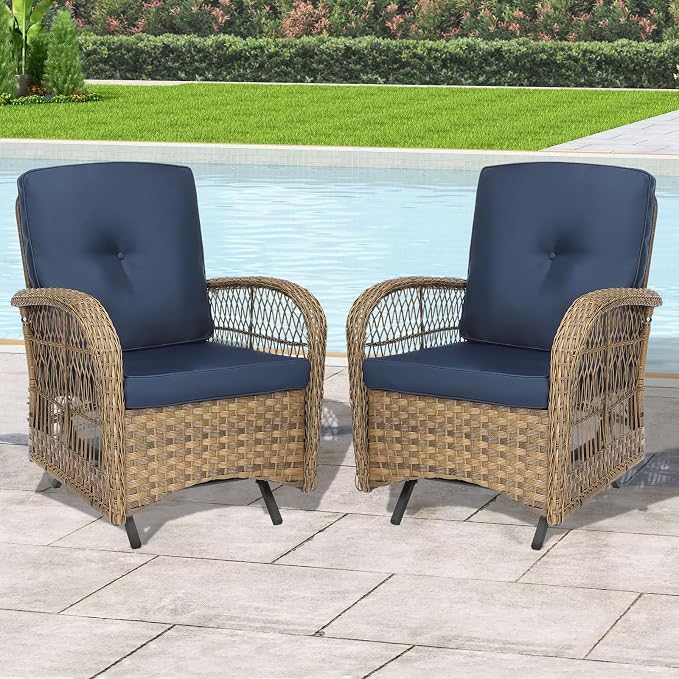 Outdoor Wicker Glider Rocker Chair, Patio Rattan Gliding Rocking Chairs Set of 2 with Thickened Cushions, All-Weather Wicker Furniture Sets for Porch Garden & Backyard, Navy Blue