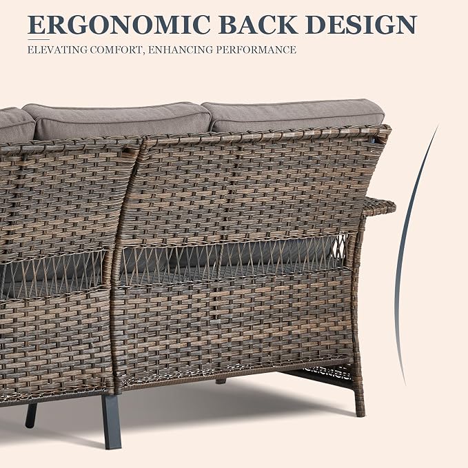 Patio Furniture Set 2 Wicker Patio Chairs 2 PE Rattan Ottomans with Grey Cushions Patio PE Rattan Sofa and Coffee Table Brown Wicker Patio Conversation Set 6pcs for Garden Backyard