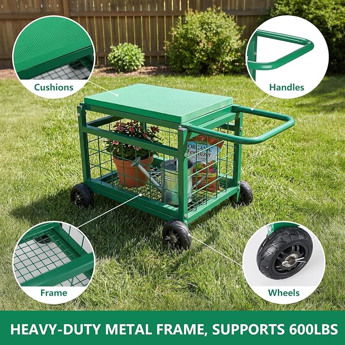 Garden Seat with Wheels, Rolling Garden Stool Heavy Duty Gardening Cart with Seat and 20 Quart Storage Space Use for Patio, Yard, and Outdoors