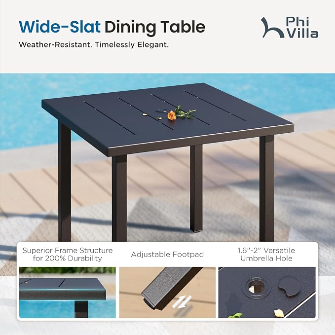 PHI VILLA, 5 Pcs Patio Dining Set, 34.2" Square Wrought Iron Table | 34.2" Metal Square Table &Stackable Wrought Iron Chairs, All Weather Outdoor Dining Set for Patio,Deck,Backyard,Porch
