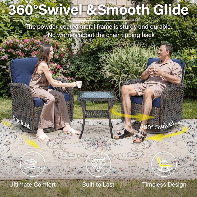 Belord Wicker Outdoor Furniture Set - 7 Piece Patio Conversation Sets with Comfort Swivel Rocker Glider Patio Chairs Set of 2 and Rattan Sofa,Tempered Glass Coffee Table and Side Table,Brown/Blue