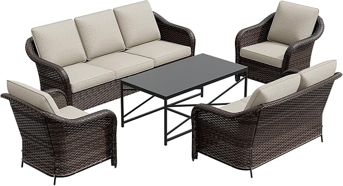 5 Pieces Outdoor Patio Rattan Conversation Furniture Set with Cushions, 78" 3-Seat Wicker Sofa, 55" 2-Seat Couch, 2 Armchairs, Metal Coffee Table for Garden (Beige)