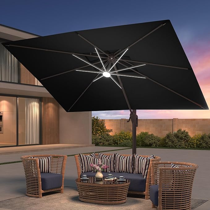 9x12 FT Patio Umbrella with LED Lights Cantilever Outdoor Large Heavy Duty Rectangle Aluminum Offset Umbrellas Double Top 360 Rotation 7 Tilt Adjustment for Pool Deck Garden, Black