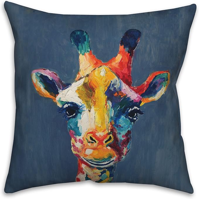 Colorful Giraffe on Blue Indoor/Outdoor Pillow | Decorative Pillows for Living Room Couch Bed Sofa Patio, Fluffy Soft Cushion | Water Resistant Multi, 18x18