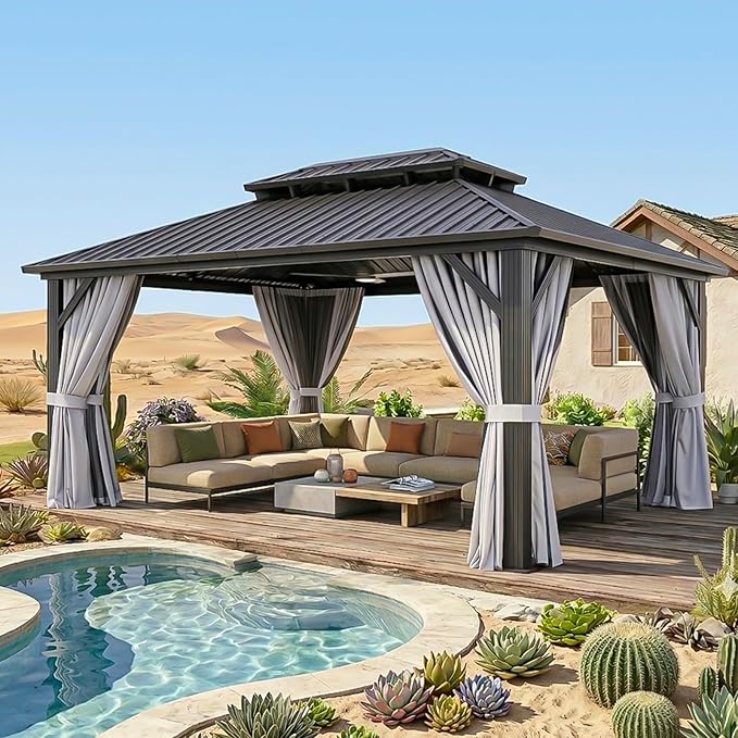 12x16FT Hardtop Gazebo, Metal Frame with Double Galvanized Steel Roof, Permanent Outdoor Pergola with Curtains and Netting Included for Backyard, Patio, Lawn and Garden, Gray
