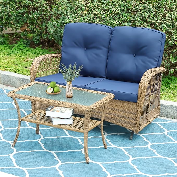 VIVIJASON 2-Piece Patio Wicker Loveseat Glider Set, Outdoor Conversation Furniture Set with 2-Seater Rattan Glider Rocking Bench and Glass-Top Coffee Table for Porch Garden Backyard, Navy Blue