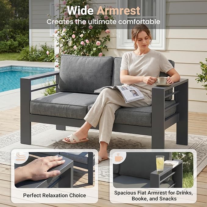 Solaste Patio Furniture Metal Armchair,2 PCS All-Weather Aluminum Garden Outdoor Contemporary Sofa Chair with Cushions, Grey