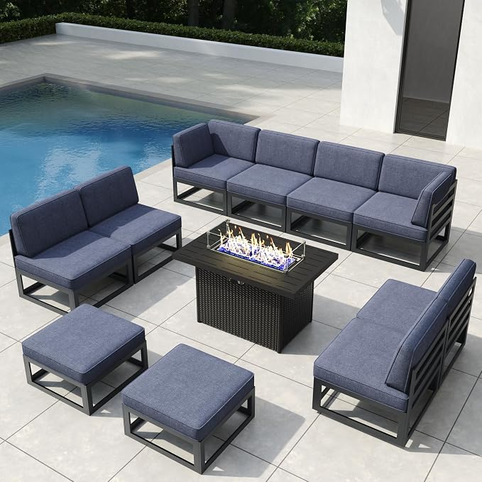 11 Pieces Aluminum Patio Furniture Set with Propane Gas 44" Fire Pit Table, Metal Outdoor Conversation Sofa Set with Seating Cushions