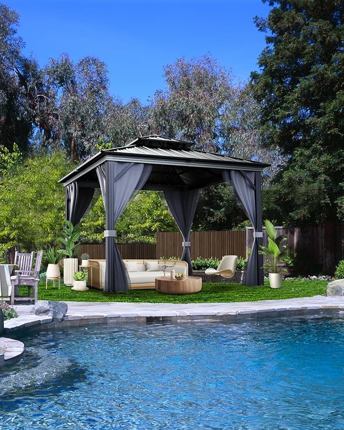 10 X10 ft Hardtop Gazebo, Galvanized Steel Double Roof with Curtains and Netting, Aluminum Frame Patio Gazebo for Patio, Garden and Lawn