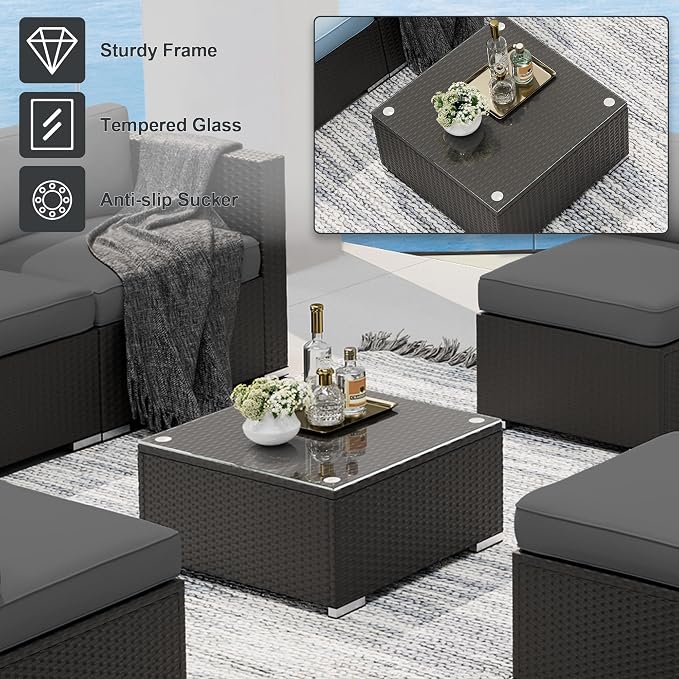SUNCROWN 7-Piece Outdoor Patio Furniture Sofa Set All-Weather Wicker Sectional Conversation Set with Modern Glass Coffee Table, Cushions and A Waterproof Cover for Backyard, Garden, Poolside, Grey