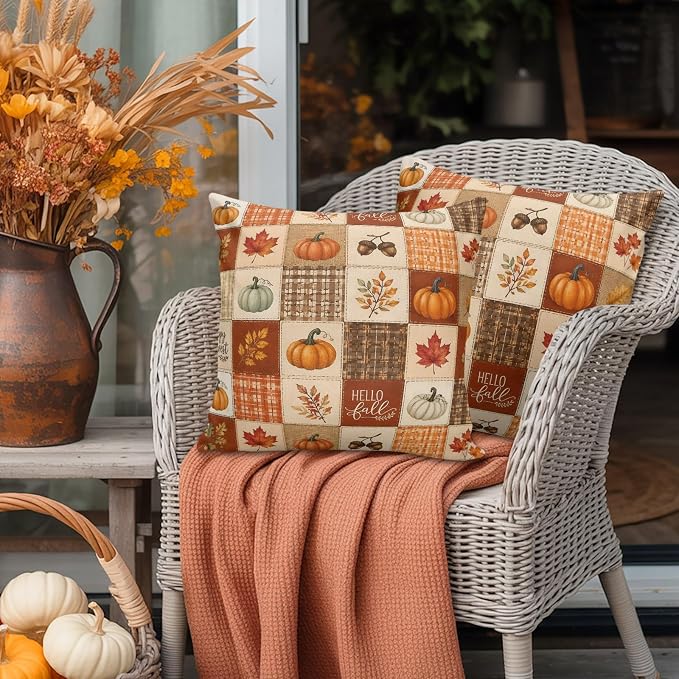 Thanksgiving Checked Throw Pillow Covers 18x18 Inch Set of 2, Fall Waterproof Outdoor Pillow Covers, Pumpkins Maple Orange Checker Decorative Cushion Pillowcases for Couch, Sofa, Bed, Garden, Patio