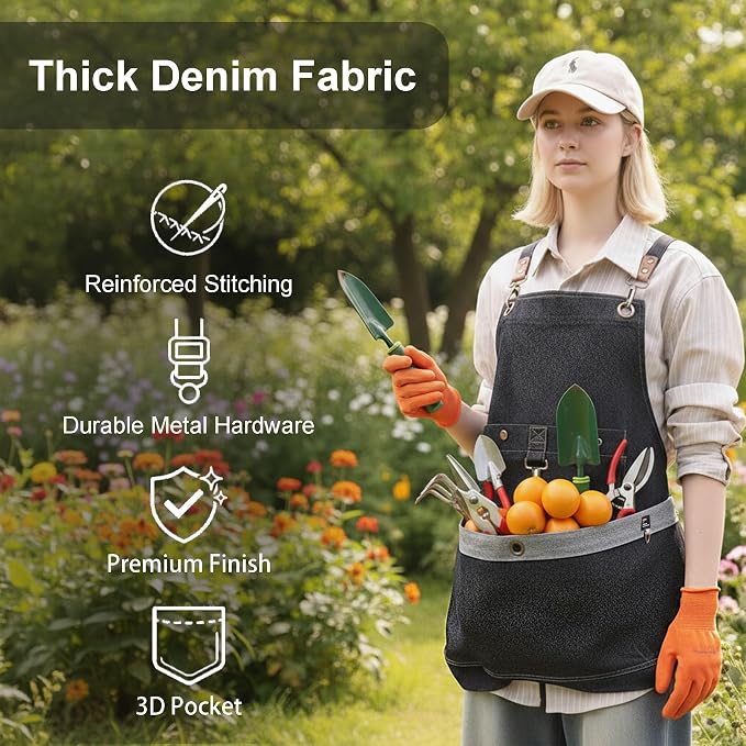 Denim Cross Back Gardening Apron with Adjustable Straps & Pockets | Heavy-duty denim; large front pockets; tool storage; cross-back straps; indoor & outdoor use; gardening and home tasks
