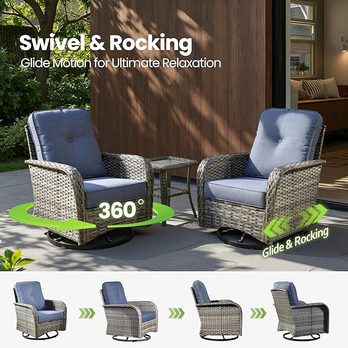 6 Piece Wicker Patio Furniture with Swivel Rocker Chair,Denim Blue | High Back Swivel Rocker Chairs, Outdoor Sofa Ottoman, Heavy Duty, All Weather Rattan Modern Conversation Sets, Deck Backyard