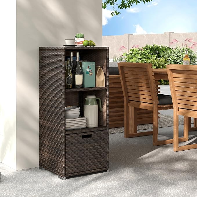 Tangkula Rattan Outdoor Storage Cabinet, Patiojoy Outdoor Wicker Cabinet with 3 Shelves, 1 Removable Drawer, Patio Storage Deck Box for Backyard Poolside Porch