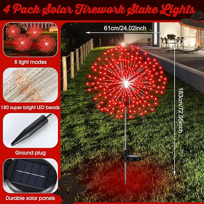 Tujoe 6 Pcs Christmas Solar Firework Stake Lights 180 LED 8 Modes Solar Waterproof LED Sparkler Lights Outdoor Decoration for 4th of July, Xmas Holiday Garden Patio Yard Pathway Walkway, Red