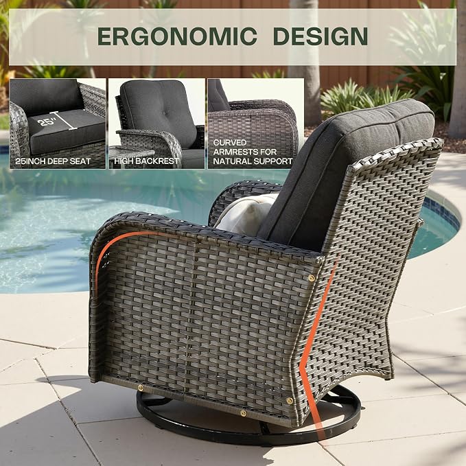 3-Piece Patio Furniture Set, Outdoor Wicker Furniture with Coffee Table, High Back Swivel Rocker Patio Chairs, Modern Rattan Outdoor Chairs Conversation Set for Porch, Balcony, Garden, Black